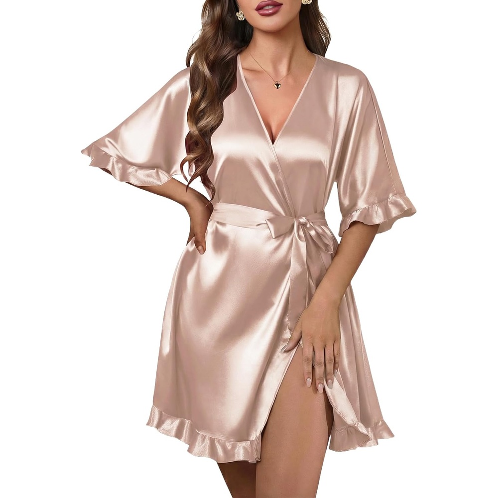 image:imageEkouaer Silk Robes for Women Short Lightweight Bathrobe Satin Kimono Robes  Ruffled Sexy Bride Bridesmaid Sleepwear 34 sleeve V neck TabovekneelengthChampagne
