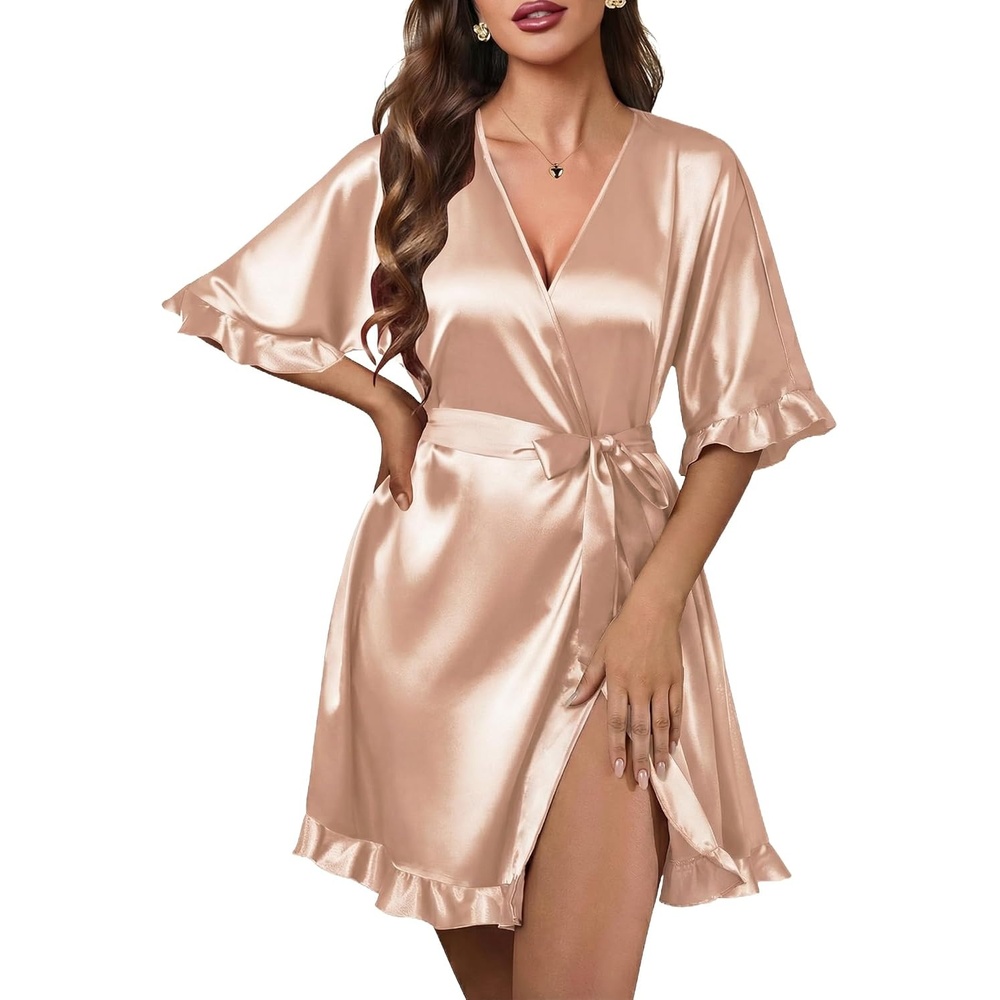 image:imageEkouaer Silk Robes for Women Short Lightweight Bathrobe Satin Kimono Robes  Ruffled Sexy Bride Bridesmaid Sleepwear 34 sleeve V neck TabovekneelengthKhaki