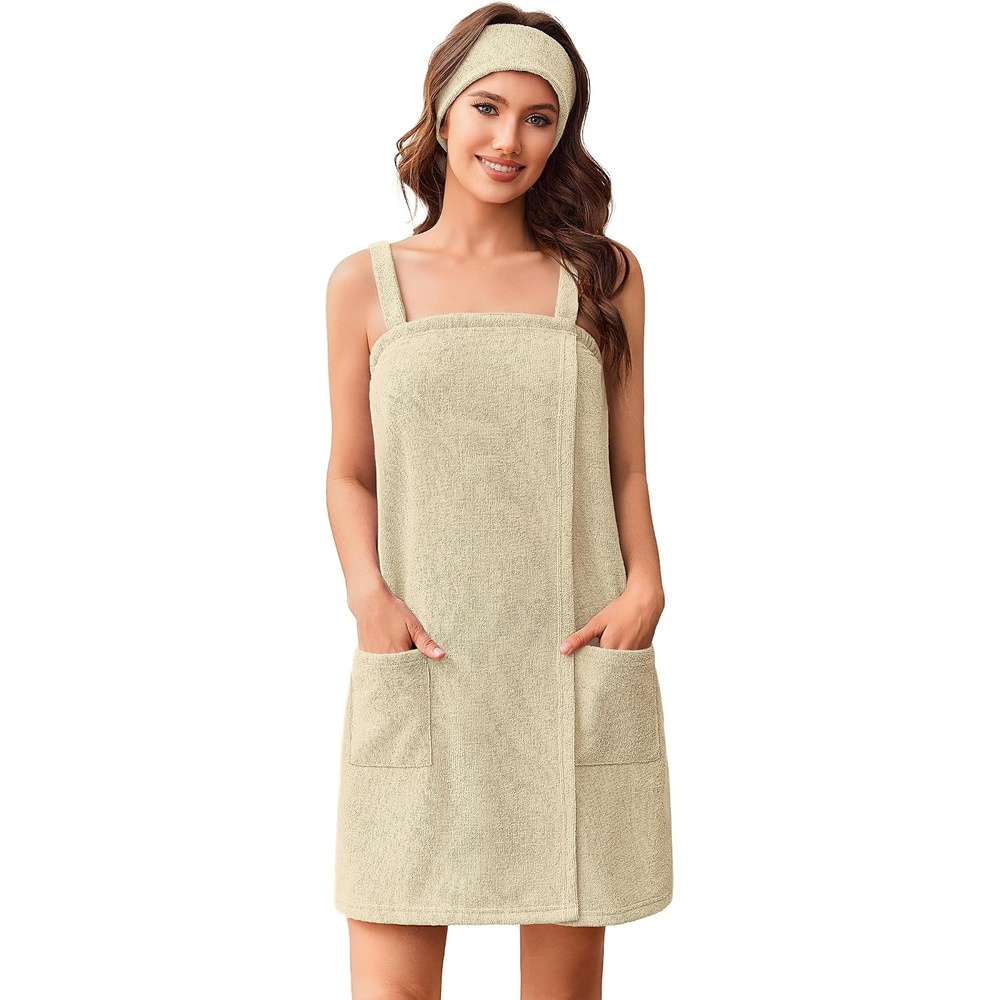 image:imageEkouaer Womens Towel Robe Short Spa Bath Wrap Towel Wrap Shower Robe  Headband Absorbent Material Strap PocketsAbeige