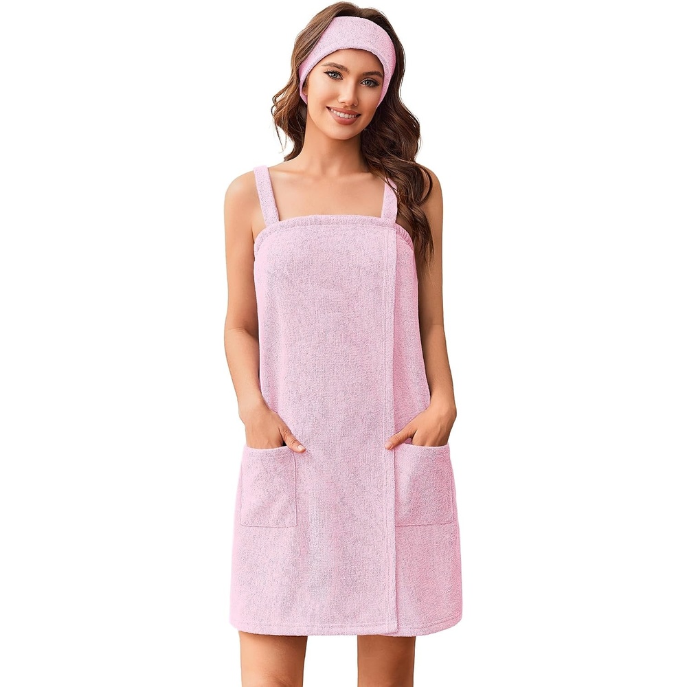 image:imageEkouaer Womens Towel Robe Short Spa Bath Wrap Towel Wrap Shower Robe Headband Absorbent Material Strap PocketsApink
