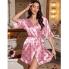 Ekouaer Silk Robes for Women Short Lightweight Bathrobe Satin Kimono Robes | Ruffled, Sexy Bride Bridesmaid Sleepwear, 3/4 sleeve, V neck, Tabove-knee-length(Bow Pink)