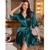 Ekouaer Silk Robes for Women Short Lightweight Bathrobe Satin Kimono Robes | Ruffled, Sexy Bride Bridesmaid Sleepwear, 3/4 sleeve, V neck, Tabove-knee-length(Deep Green)