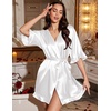 Ekouaer Silk Robes for Women Short Lightweight Bathrobe Satin Kimono Robes | Ruffled, Sexy Bride Bridesmaid Sleepwear, 3/4 sleeve, V neck, Tabove-knee-length(Pure White)