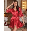 Ekouaer Silk Robes for Women Short Lightweight Bathrobe Satin Kimono Robes | Ruffled, Sexy Bride Bridesmaid Sleepwear, 3/4 sleeve, V neck, Tabove-knee-length(Red)