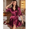 Ekouaer Silk Robes for Women Short Lightweight Bathrobe Satin Kimono Robes | Ruffled, Sexy Bride Bridesmaid Sleepwear, 3/4 sleeve, V neck, Tabove-knee-length(Wine Red)