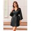 Ekouaer Silk Robes for Women Short Satin Robe 3/4 Sleeves Kimono Bathrobe | Lace Trim, Knee Length, Sexy Bride Bridsmaid Robe, Pockets, Tie(Black)