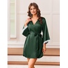 Ekouaer Silk Robes for Women Short Satin Robe 3/4 Sleeves Kimono Bathrobe | Lace Trim, Knee Length, Sexy Bride Bridsmaid Robe, Pockets, Tie(Dark Green)
