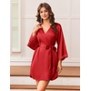 Ekouaer Silk Robes for Women Short Satin Robe 3/4 Sleeves Kimono Bathrobe | Lace Trim, Knee Length, Sexy Bride Bridsmaid Robe, Pockets, Tie(Red)