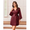 Ekouaer Silk Robes for Women Short Satin Robe 3/4 Sleeves Kimono Bathrobe | Lace Trim, Knee Length, Sexy Bride Bridsmaid Robe, Pockets, Tie(Wine Red)