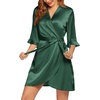 Ekouaer Women’s Satin Robe Kimono Bathrobe Short Ruffle Sleeve Silk Robes | Silky Soft Robes, Summer Lightweight Bath Robe, Ruffle 3/4 Sleeve Sleepwear, Short Bride Robe, Bridal Robe, Bridesmaid Robes(Evergreen)