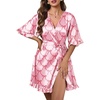 Ekouaer Silk Robes for Women Short Lightweight Bathrobe Satin Kimono Robes | Ruffled, Sexy Bride Bridesmaid Sleepwear, 3/4 sleeve, V neck, Tabove-knee-length(Bow Pink)