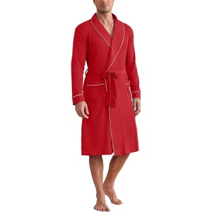 Ekouaer Mens Robes Lightweight Waffle Knit Kimono Bathrobe Long Sleeve Sleepwear Soft Knee Length Robe with Pockets(Red)
