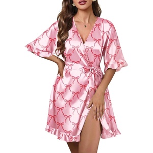 Ekouaer Silk Robes for Women Short Lightweight Bathrobe Satin Kimono Robes | Ruffled, Sexy Bride Bridesmaid Sleepwear, 3/4 sleeve, V neck, Tabove-knee-length(Bow Pink)