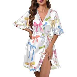 Ekouaer Silk Robes for Women Short Lightweight Bathrobe Satin Kimono Robes | Ruffled, Sexy Bride Bridesmaid Sleepwear, 3/4 sleeve, V neck, Tabove-knee-length(Bow Colorful)