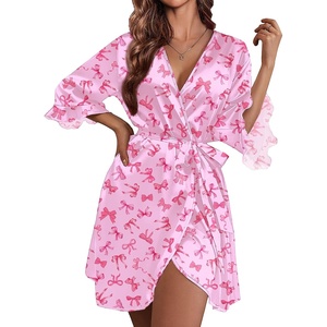 Ekouaer Women’s Satin Robe Kimono Bathrobe Short Ruffle Sleeve Silk Robes | Silky Soft Robes, Summer Lightweight Bath Robe, Ruffle 3/4 Sleeve Sleepwear, Short Bride Robe, Bridal Robe, Bridesmaid Robes(Pink Bow)