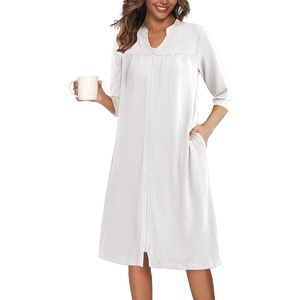 Ekouaer Zipper Robes for Women 3/4 Sleeve Waffle Knit Bathrobe Lightweight Short Housecoat with Pockets Soft Loungewear(White)