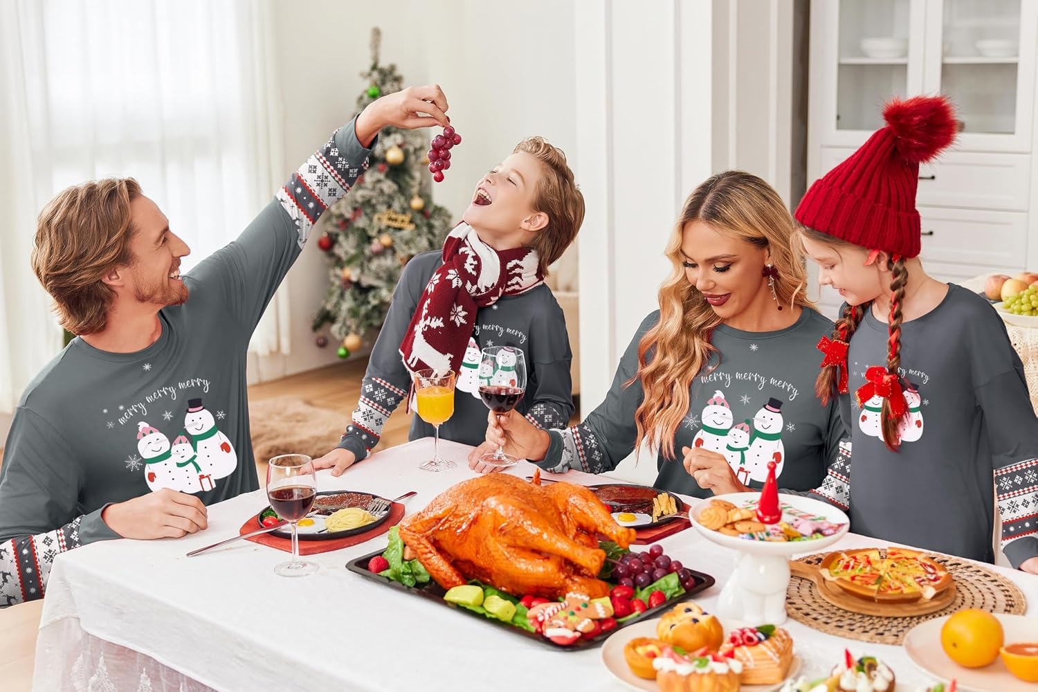 image:imageEkouaer Family Christmas Pajamas Matching Sets with Print Tops and PantsGray White Snowman