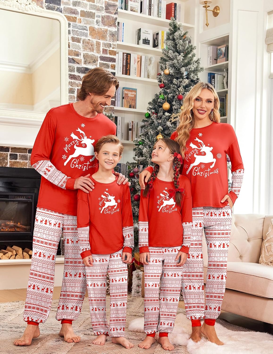 image:imageEkouaer Family Christmas Pajamas Matching Sets with Print Tops and PantsRed White Elk
