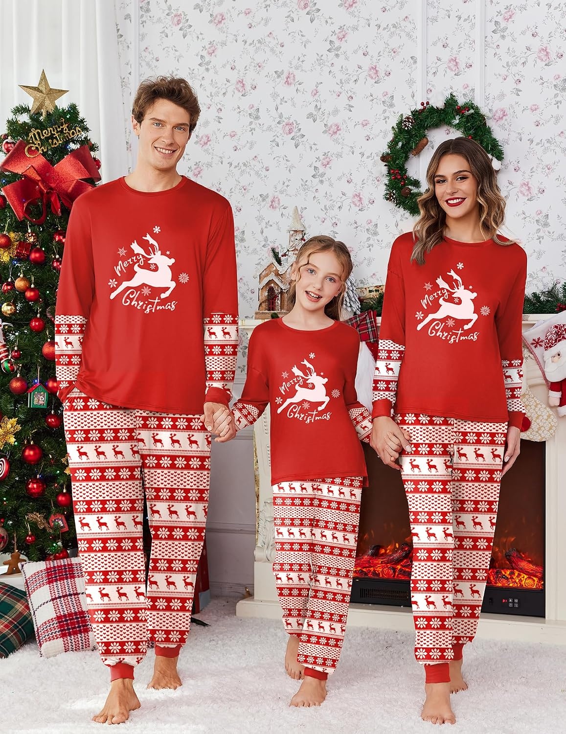 image:imageEkouaer Family Christmas Pajamas Matching Sets with Print Tops and PantsRed White Reindeer