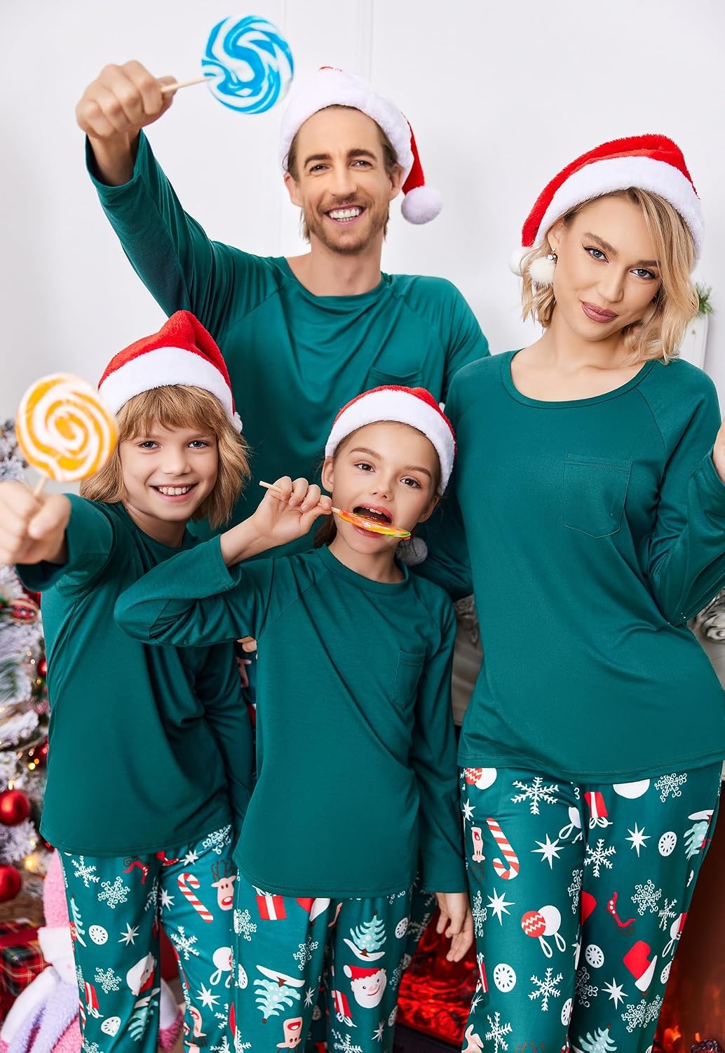 image:imageEkouaer Family Matching Pajamas Christmas Sleepwear Long Sleeve Sleep Pjs Matching PJs with Classic Scoop NeckSoft Family Loungewear Set with Plaid PantsChristmas Holiday for Casual Daily WearChristmas Green Print