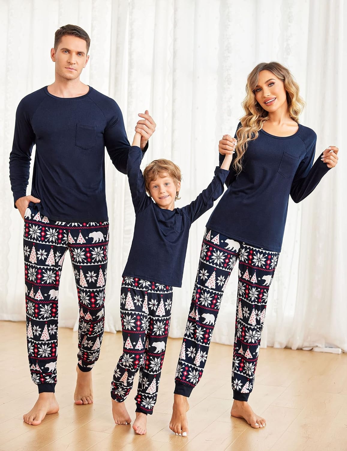 image:imageEkouaer Family Matching Pajamas Christmas Sleepwear Long Sleeve Sleep Pjs Matching PJs with Classic Scoop NeckSoft Family Loungewear Set with Plaid PantsChristmas Holiday for Casual Daily WearNavy and Polar Bear