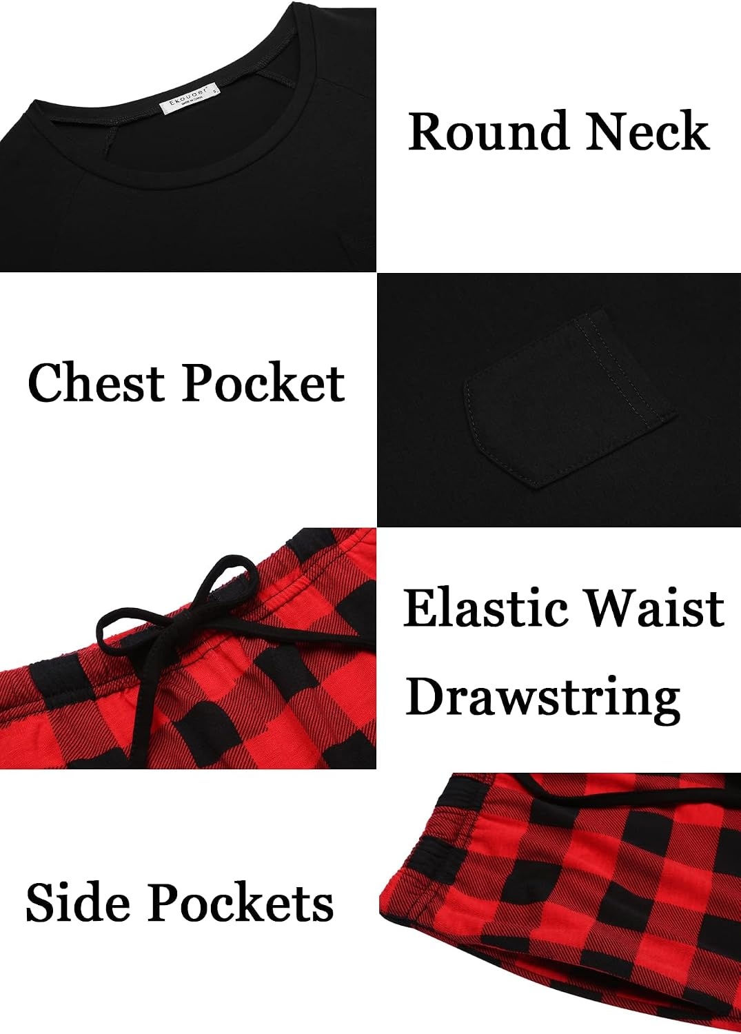 image:imageEkouaer Family Matching Pajamas Christmas Sleepwear Long Sleeve Sleep Pjs Matching PJs with Classic Scoop NeckSoft Family Loungewear Set with Plaid PantsChristmas Holiday for Casual Daily WearBlack