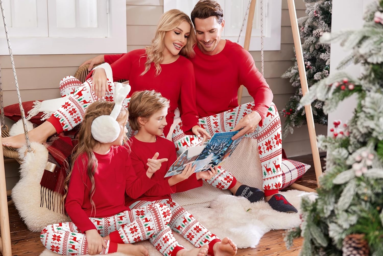 image:imageEkouaer Family Matching Pajamas Christmas Sleepwear Long Sleeve Sleep Pjs Matching PJs with Classic Scoop NeckSoft Family Loungewear Set with Plaid PantsChristmas Holiday for Casual Daily WearChristmas Print