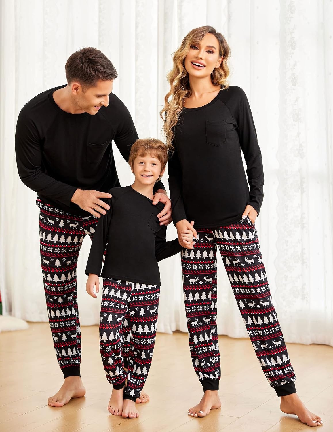image:imageEkouaer Family Matching Pajamas Christmas Sleepwear Long Sleeve Sleep Pjs Matching PJs with Classic Scoop NeckSoft Family Loungewear Set with Plaid PantsChristmas Holiday for Casual Daily WearBlack With Christmas Tree