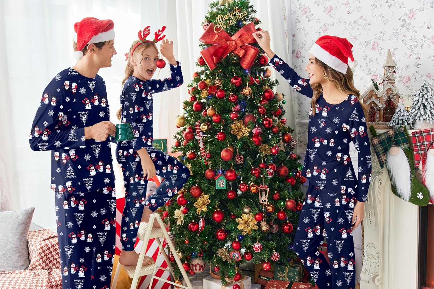 image:imageEkouaer Family Matching Pajamas Christmas Sleepwear Long Sleeve Sleep Pjs Matching PJs with Classic Scoop NeckSoft Family Loungewear Set with Plaid PantsChristmas Holiday for Casual Daily WearChristmas Snowman Snowflake