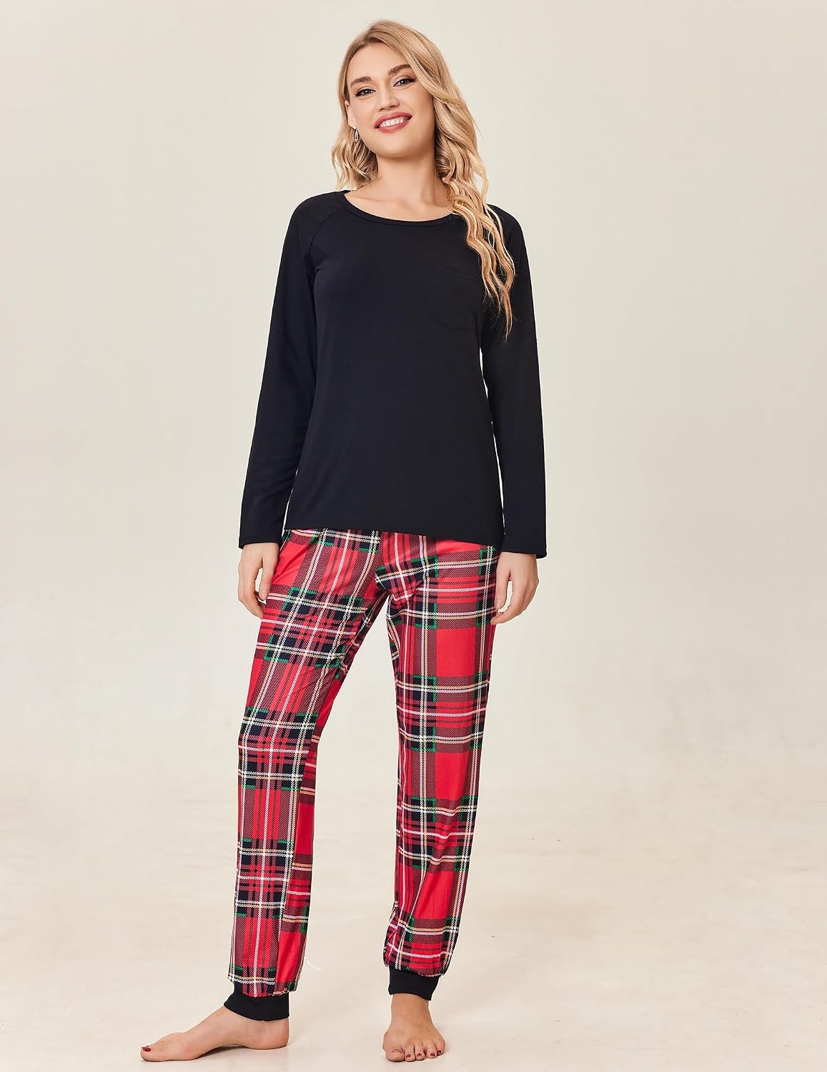 image:imageEkouaer Family Matching Pajamas Christmas Sleepwear Long Sleeve Sleep Pjs Matching PJs with Classic Scoop NeckSoft Family Loungewear Set with Plaid PantsChristmas Holiday for Casual Daily WearChristmas Plaid