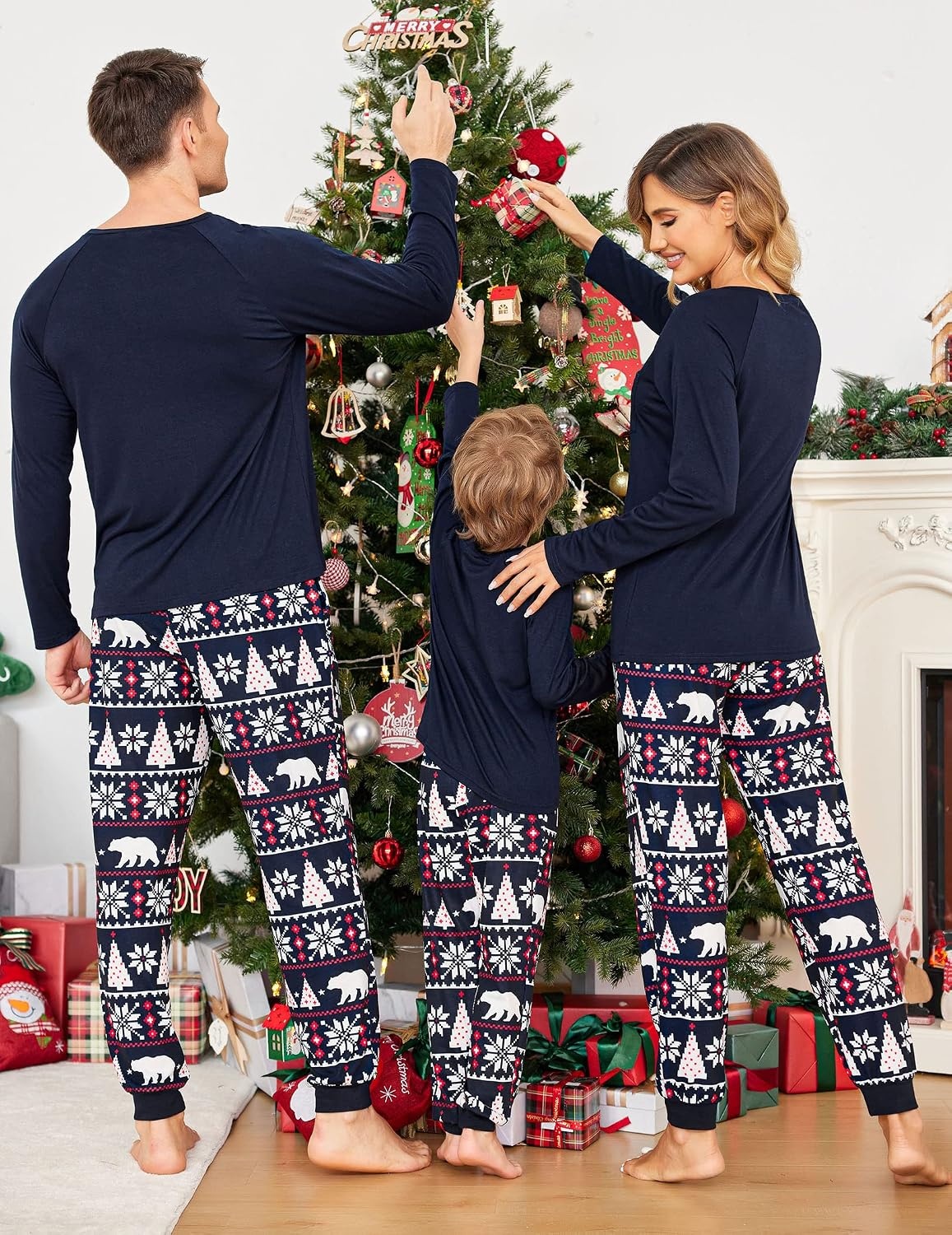 image:imageEkouaer Family Matching Pajamas Christmas Sleepwear Long Sleeve Sleep Pjs Matching PJs with Classic Scoop NeckSoft Family Loungewear Set with Plaid PantsChristmas Holiday for Casual Daily WearNavy and Polar Bear
