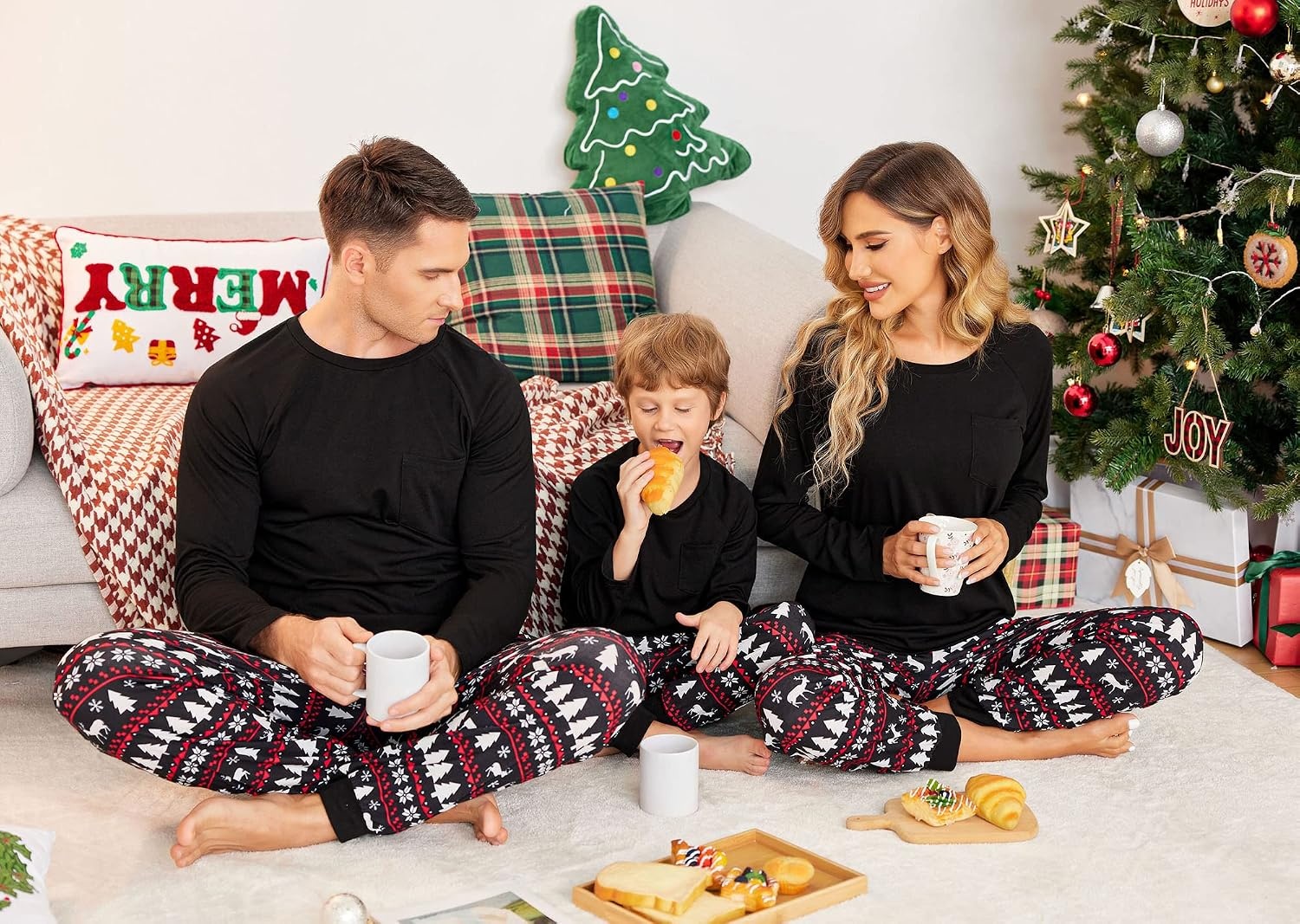 image:imageEkouaer Family Matching Pajamas Christmas Sleepwear Long Sleeve Sleep Pjs Matching PJs with Classic Scoop NeckSoft Family Loungewear Set with Plaid PantsChristmas Holiday for Casual Daily WearBlack With Christmas Tree