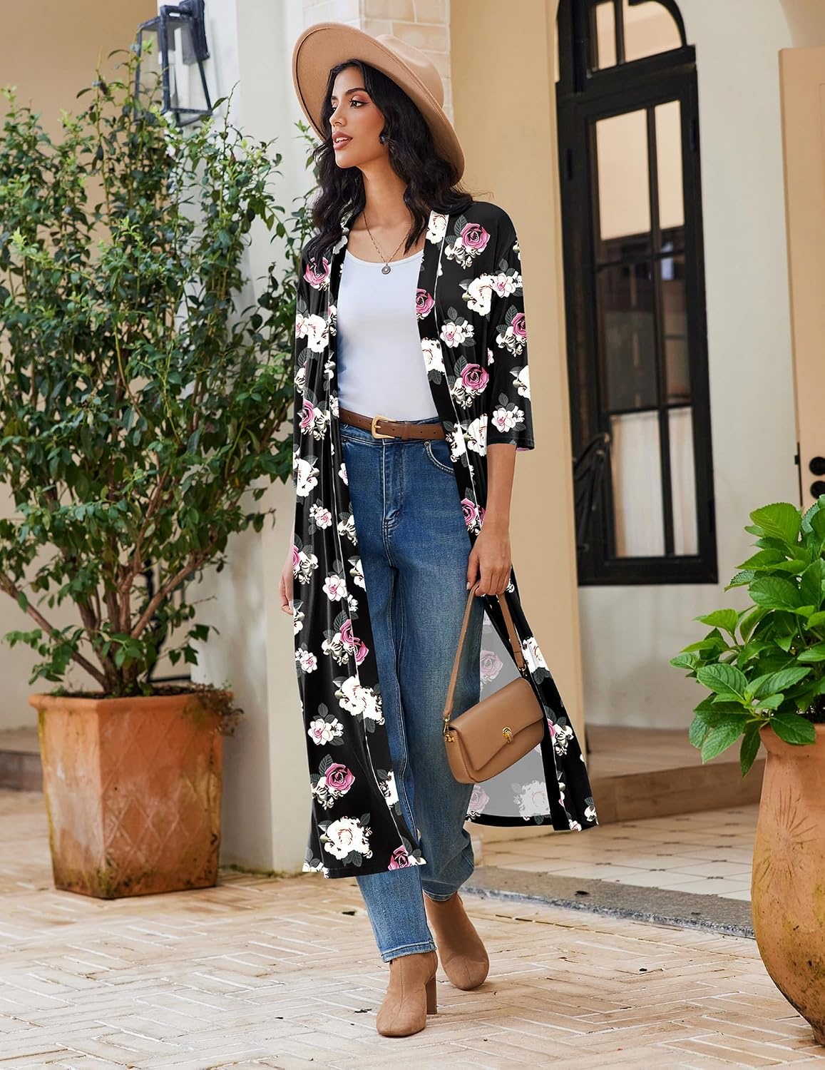 image:imageEkouaer Robes for Women Long Knit Bathrobe Soft 34 Sleeves Kimono Robe V Neck Pockets Calf Length Lightweight Material TieBlack Floral