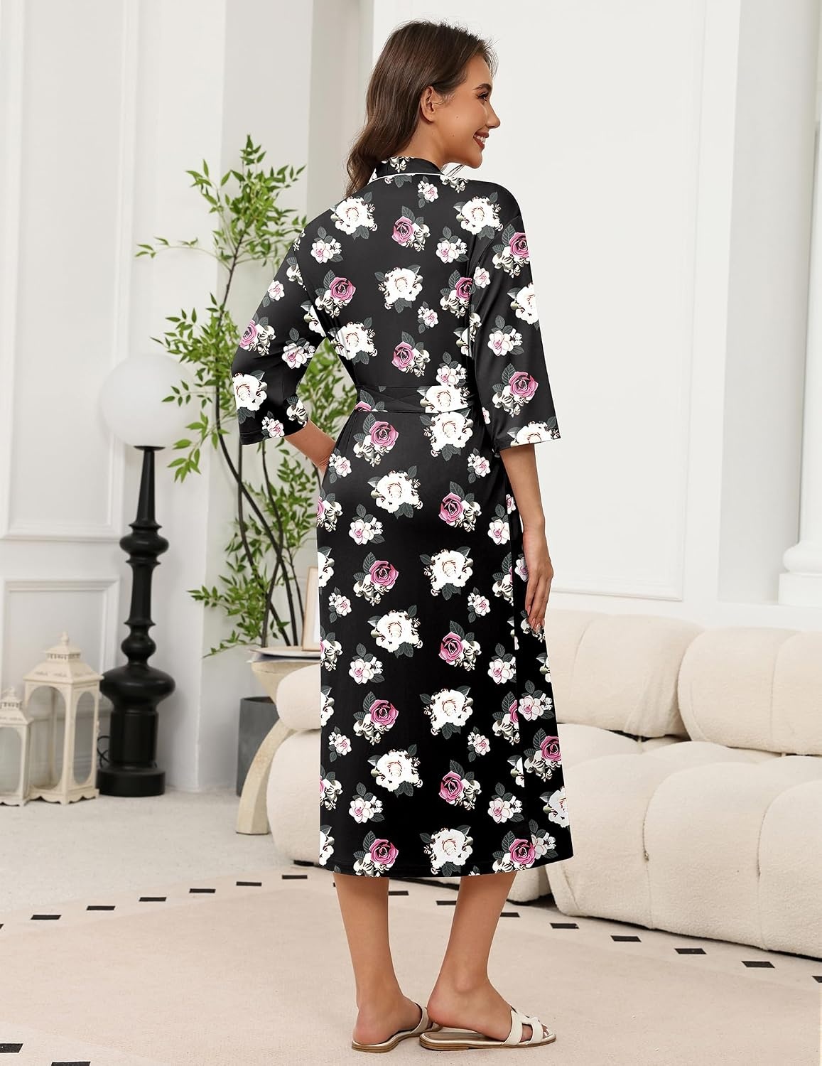 image:imageEkouaer Robes for Women Long Knit Bathrobe Soft 34 Sleeves Kimono Robe V Neck Pockets Calf Length Lightweight Material TieBlack Floral