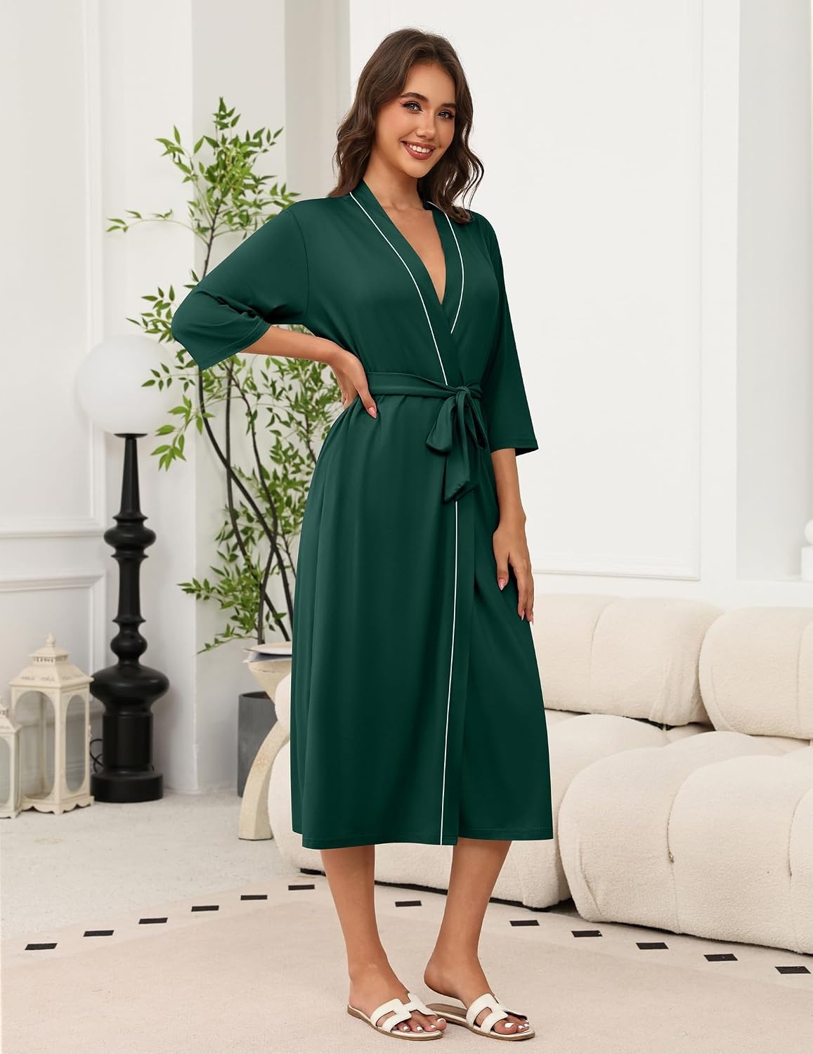 image:imageEkouaer Robes for Women Long Knit Bathrobe Soft 34 Sleeves Kimono Robe V Neck Pockets Calf Length Lightweight Material TieDeep Green