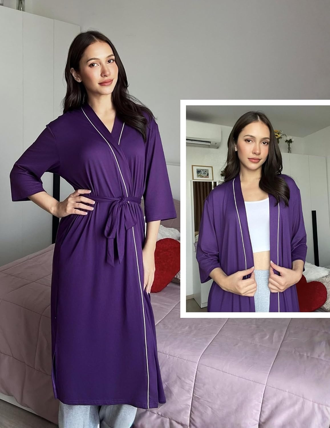 image:imageEkouaer Robes for Women Long Knit Bathrobe Soft 34 Sleeves Kimono Robe V Neck Pockets Calf Length Lightweight Material TieDeep Purple