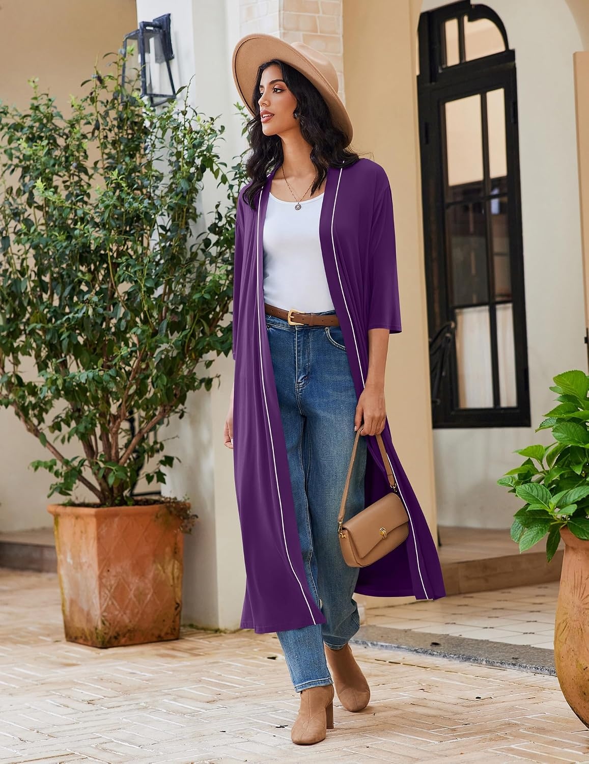 image:imageEkouaer Robes for Women Long Knit Bathrobe Soft 34 Sleeves Kimono Robe V Neck Pockets Calf Length Lightweight Material TieDeep Purple