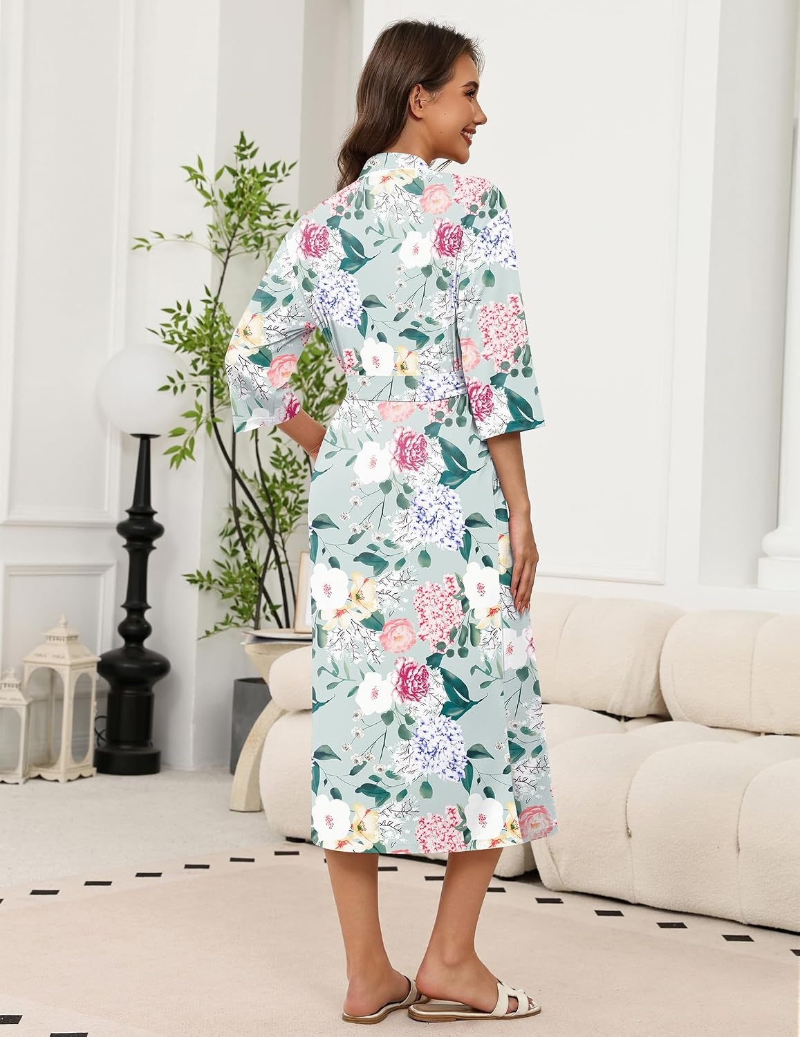 image:imageEkouaer Robes for Women Long Knit Bathrobe Soft 34 Sleeves Kimono Robe V Neck Pockets Calf Length Lightweight Material TieGreen Floral