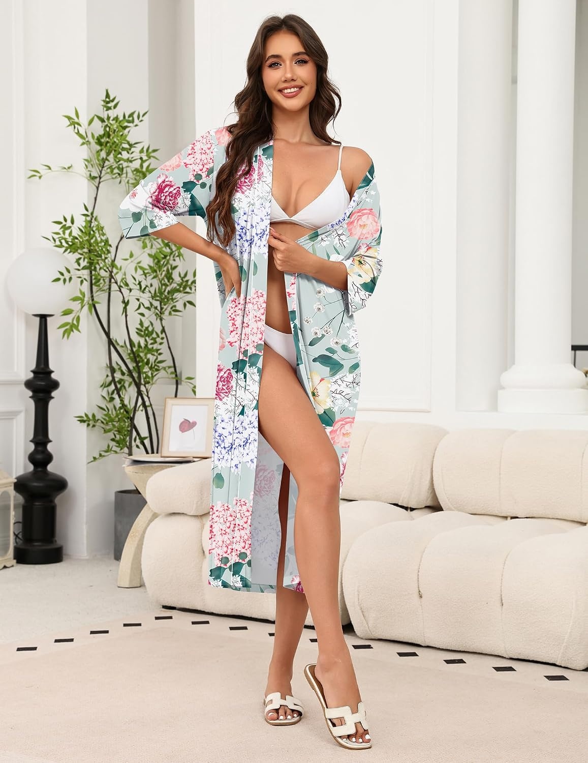 image:imageEkouaer Robes for Women Long Knit Bathrobe Soft 34 Sleeves Kimono Robe V Neck Pockets Calf Length Lightweight Material TieGreen Floral