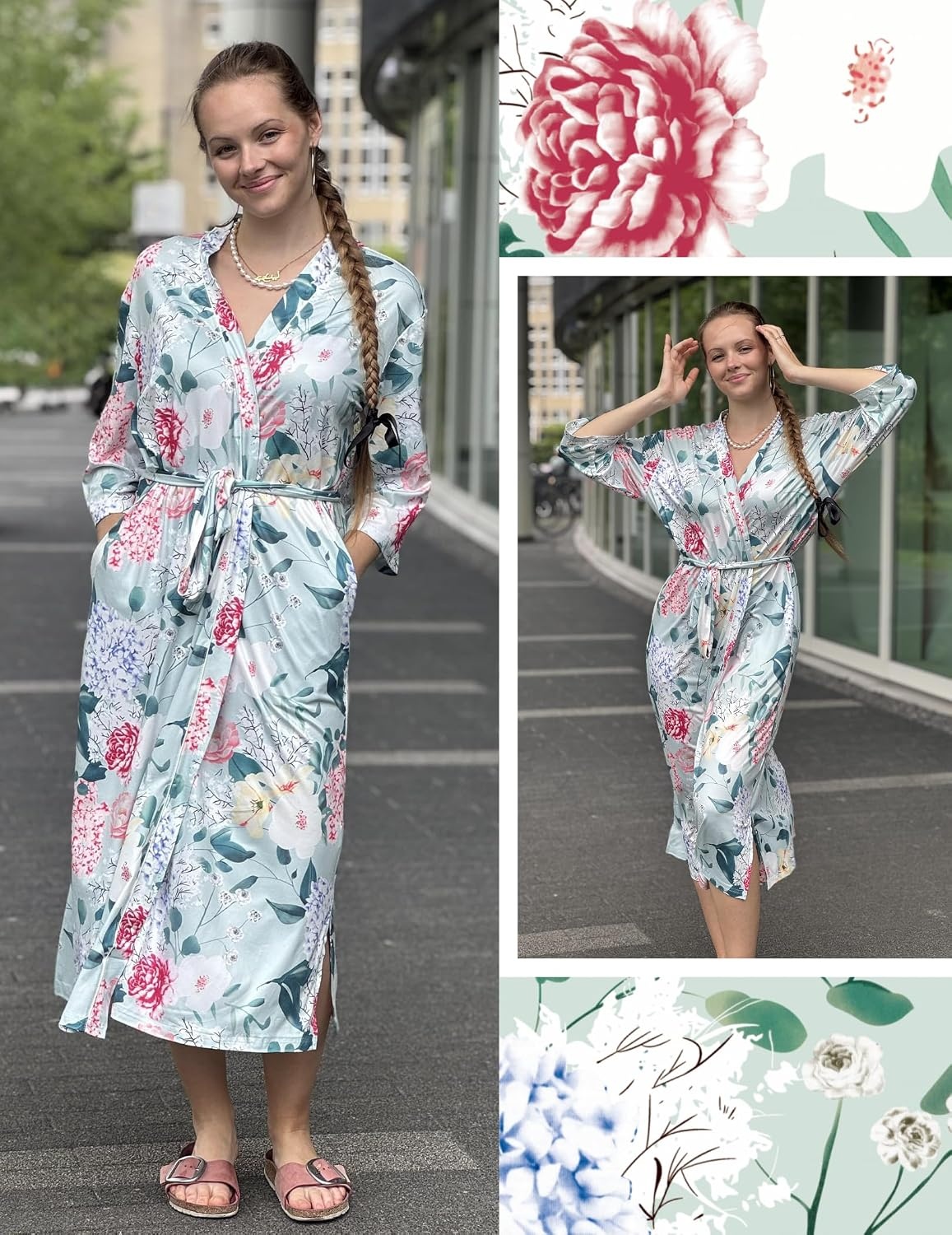 image:imageEkouaer Robes for Women Long Knit Bathrobe Soft 34 Sleeves Kimono Robe V Neck Pockets Calf Length Lightweight Material TieGreen Floral