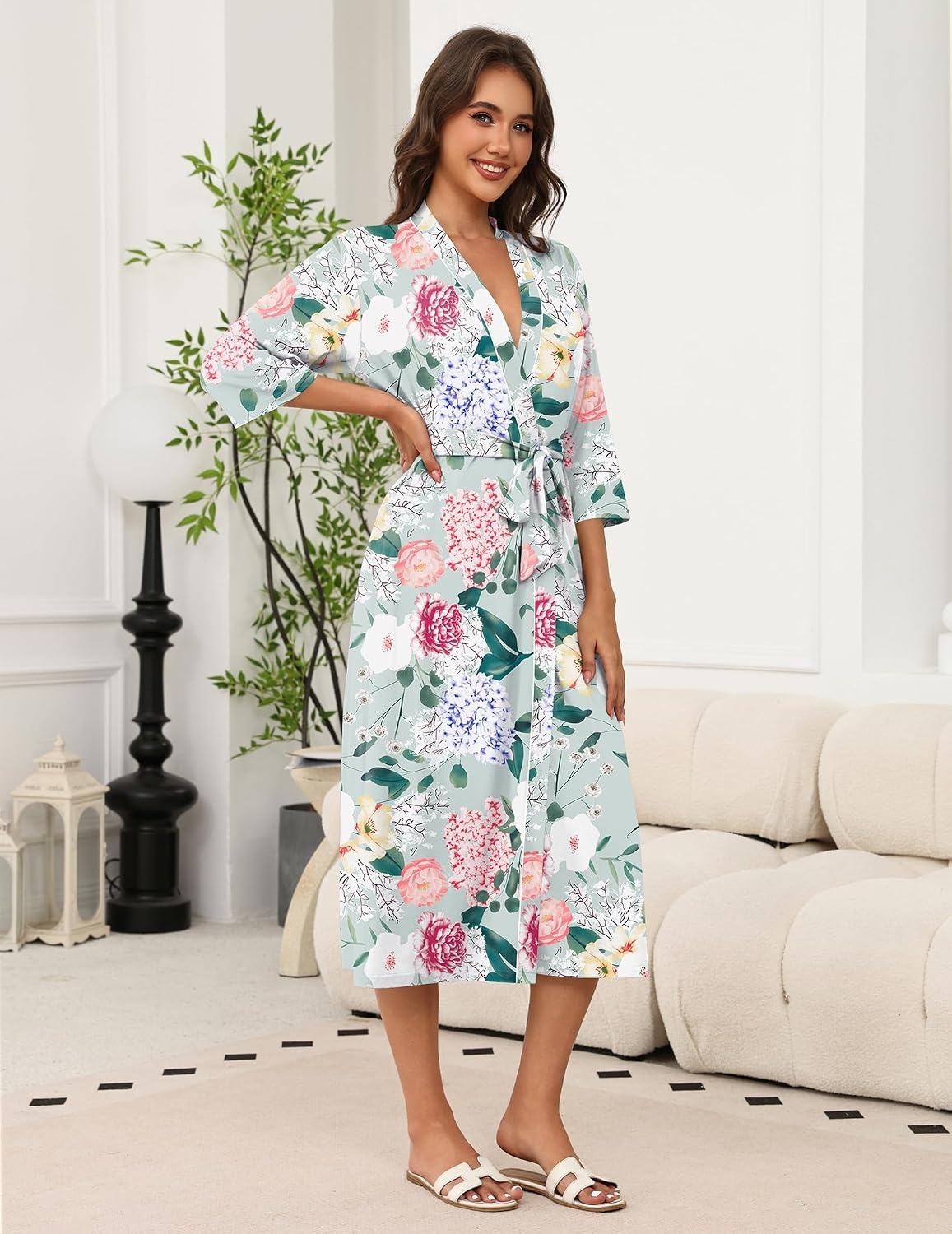 image:imageEkouaer Robes for Women Long Knit Bathrobe Soft 34 Sleeves Kimono Robe V Neck Pockets Calf Length Lightweight Material TieGreen Floral