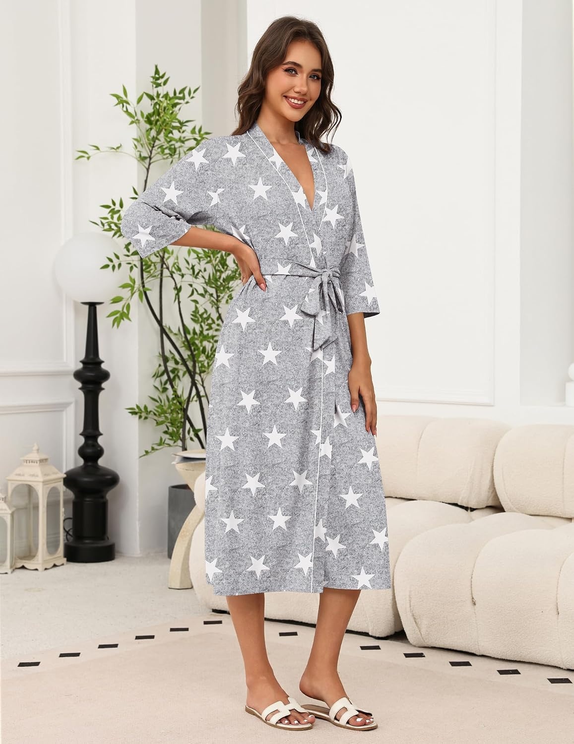 image:imageEkouaer Robes for Women Long Knit Bathrobe Soft 34 Sleeves Kimono Robe V Neck Pockets Calf Length Lightweight Material TieLight Gray Star