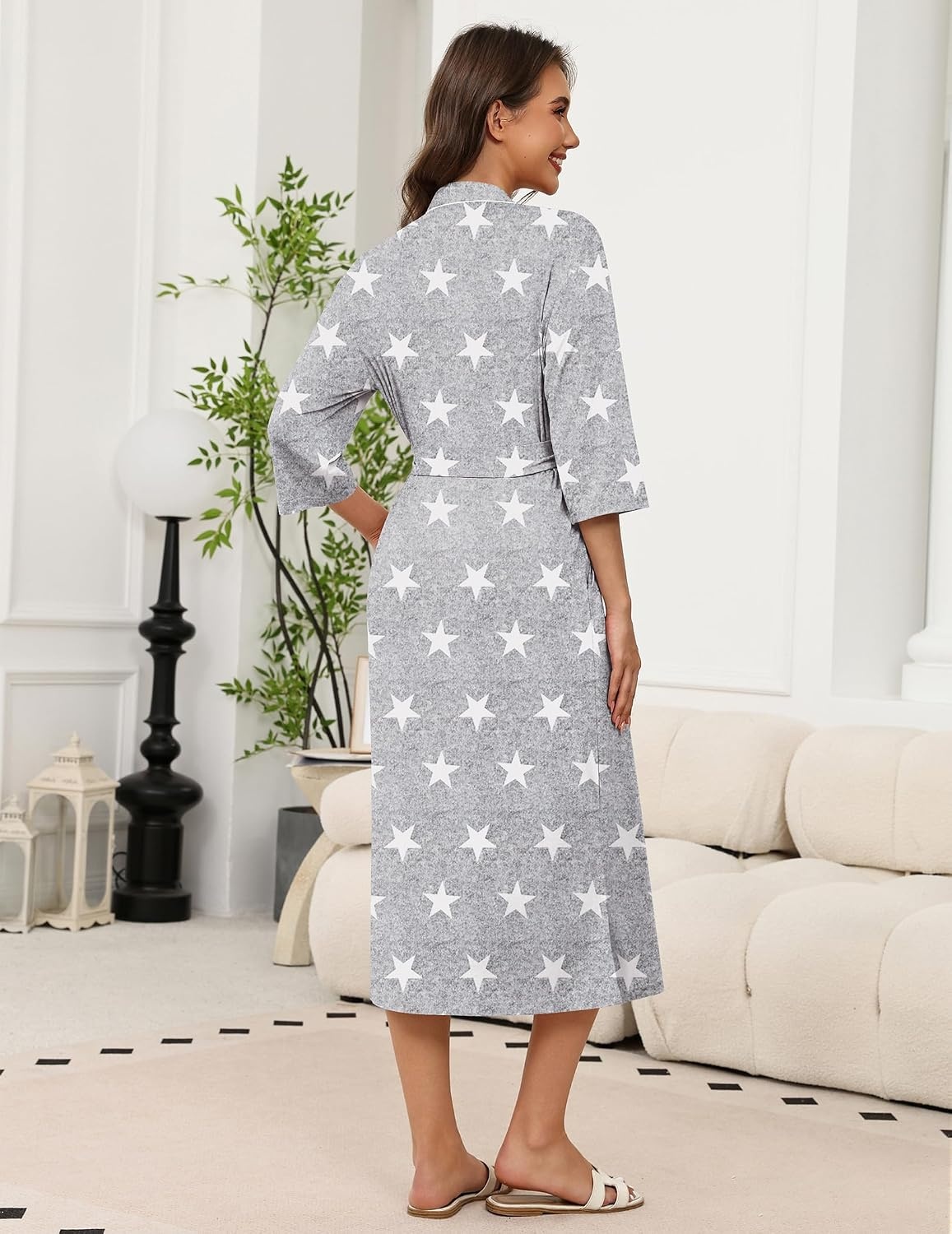 image:imageEkouaer Robes for Women Long Knit Bathrobe Soft 34 Sleeves Kimono Robe V Neck Pockets Calf Length Lightweight Material TieLight Gray Star