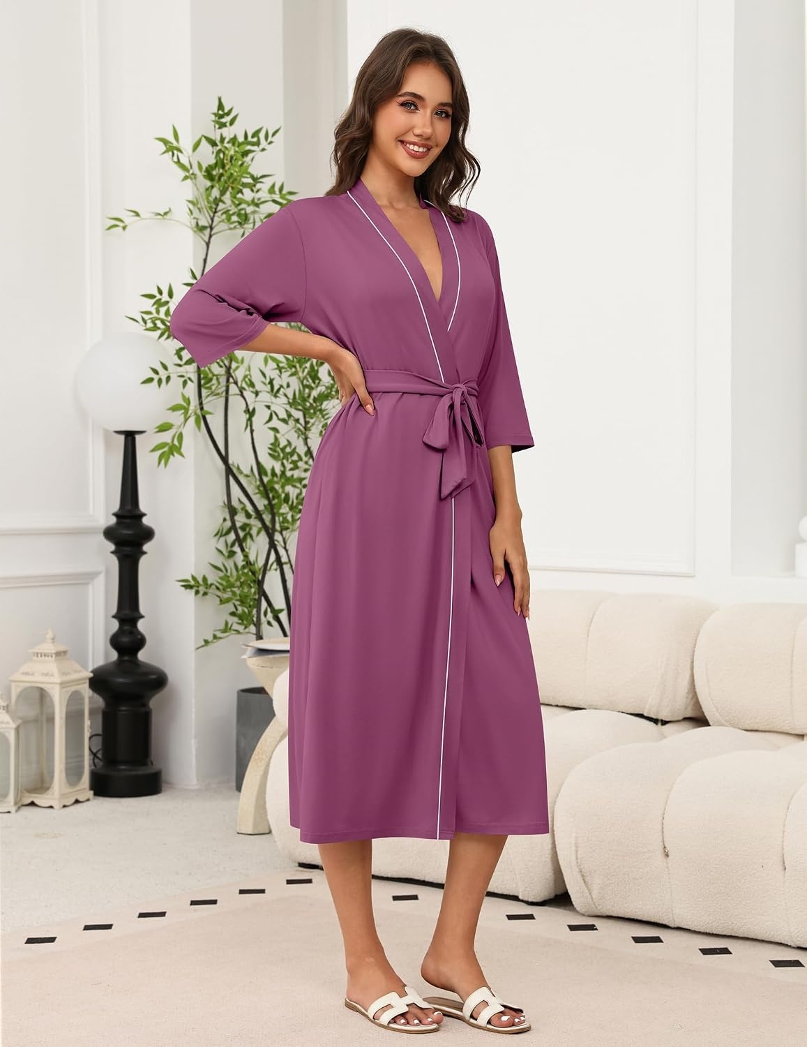 image:imageEkouaer Robes for Women Long Knit Bathrobe Soft 34 Sleeves Kimono Robe V Neck Pockets Calf Length Lightweight Material TiePurple Red