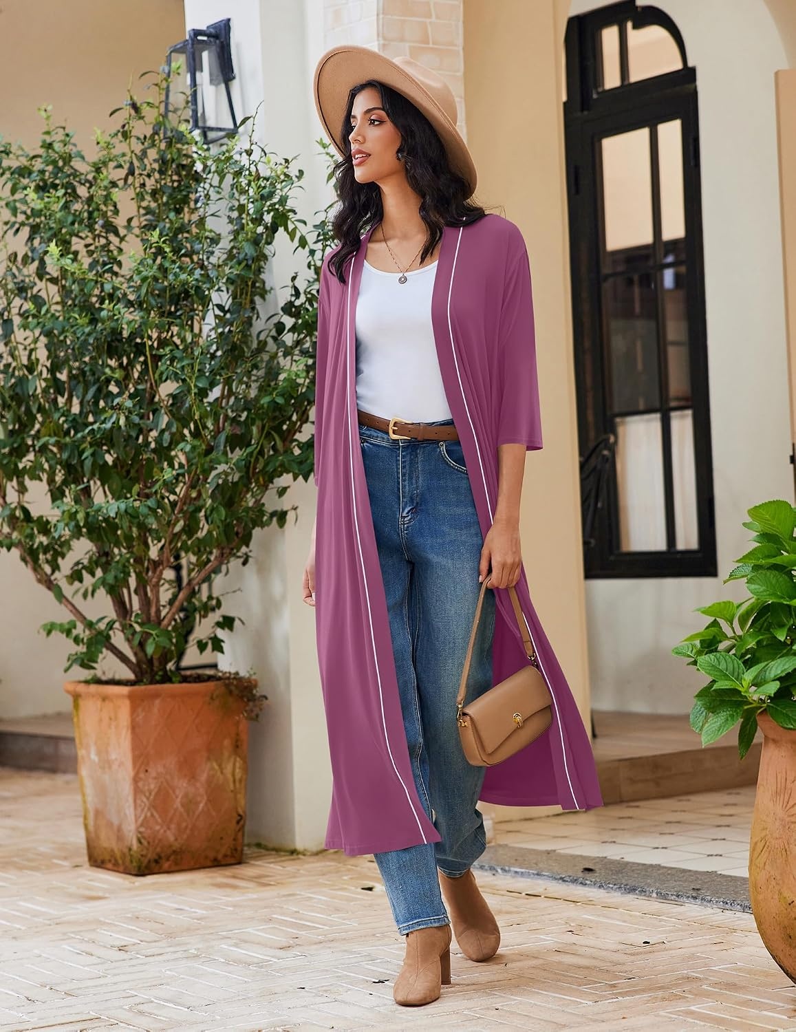 image:imageEkouaer Robes for Women Long Knit Bathrobe Soft 34 Sleeves Kimono Robe V Neck Pockets Calf Length Lightweight Material TiePurple Red