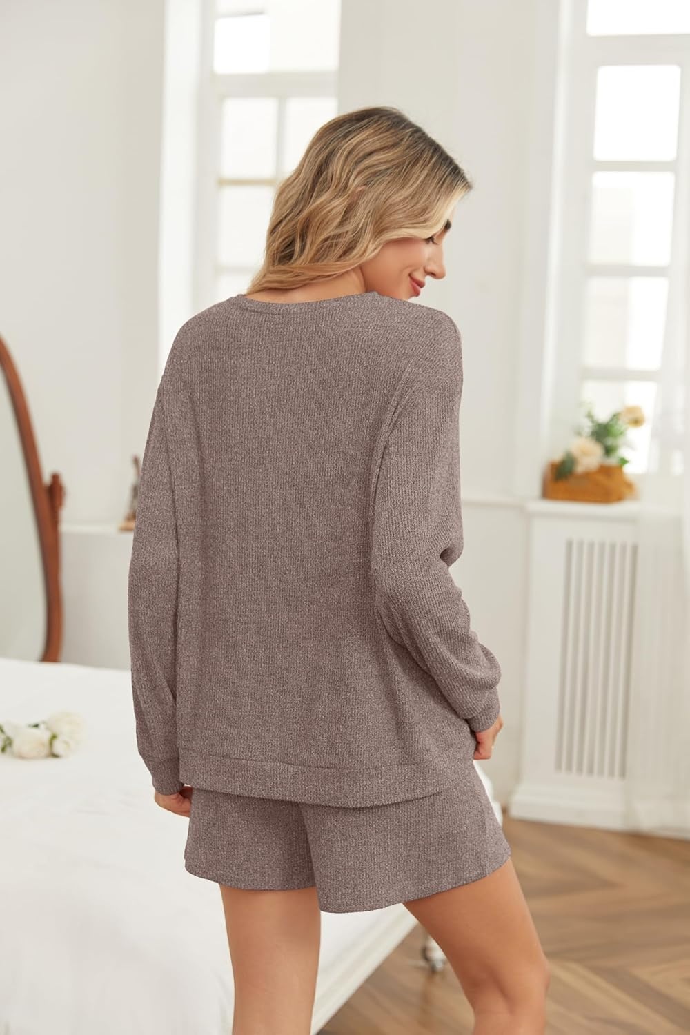 image:imageEkouaer Womens Pajama Sets Long Sleeve Top amp Shorts Matching Lounge Set Fall Outfits 2026 2 Piece Loungewear Stretchy Ribbed Fuzzy Sleepwear Suitable Cozy Home Wear Travel Vacation AirportBrown