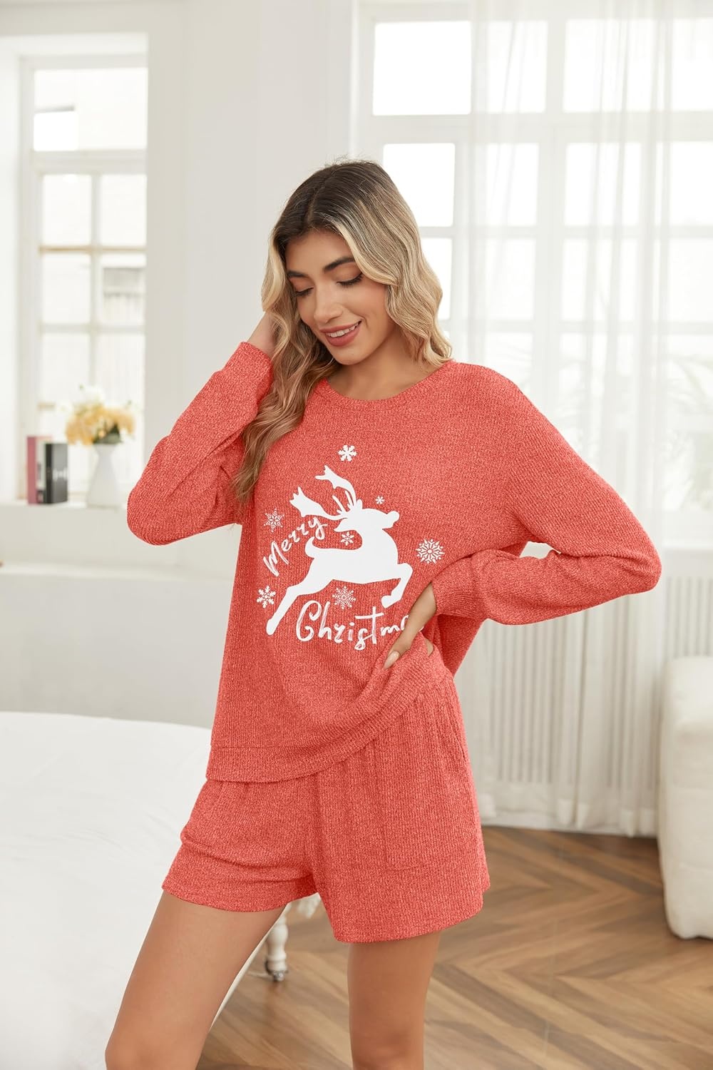 image:imageEkouaer Womens Pajama Sets Long Sleeve Top amp Shorts Matching Lounge Set Fall Outfits 2026 2 Piece Loungewear Stretchy Ribbed Fuzzy Sleepwear Suitable Cozy Home Wear Travel Vacation AirportRed Christmas