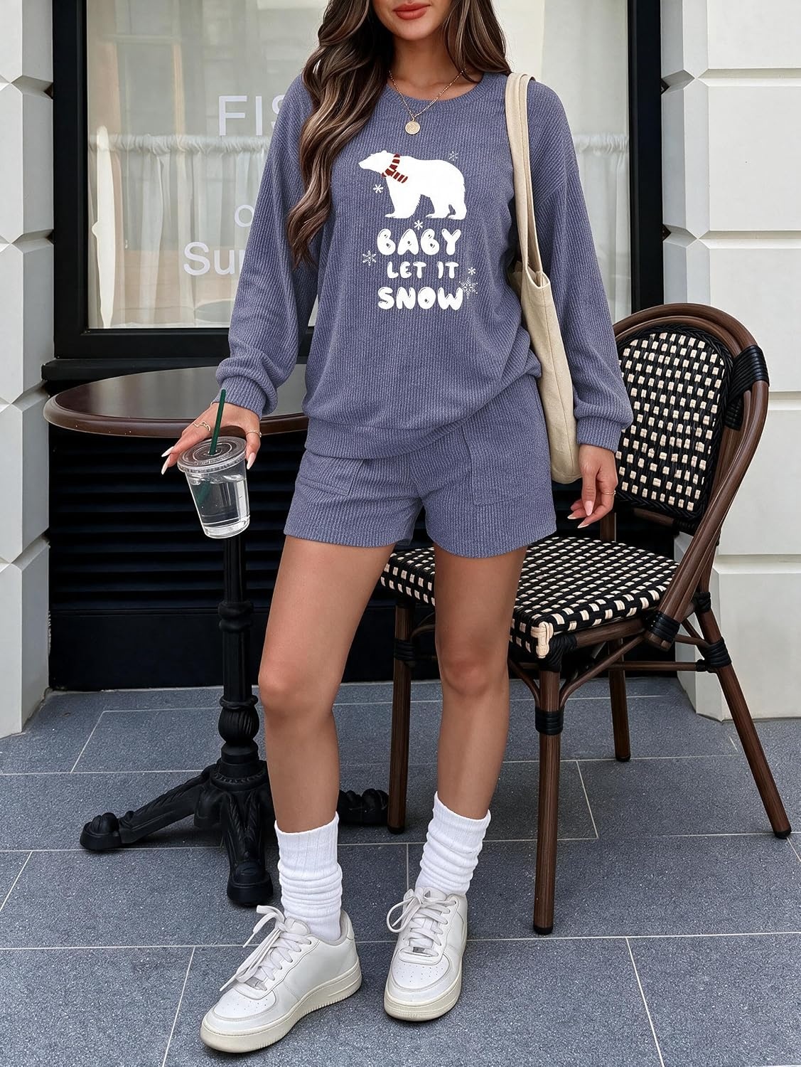 image:imageEkouaer Womens Pajama Sets Long Sleeve Top amp Shorts Matching Lounge Set Fall Outfits 2026 2 Piece Loungewear Stretchy Ribbed Fuzzy Sleepwear Suitable Cozy Home Wear Travel Vacation AirportBlue Bear