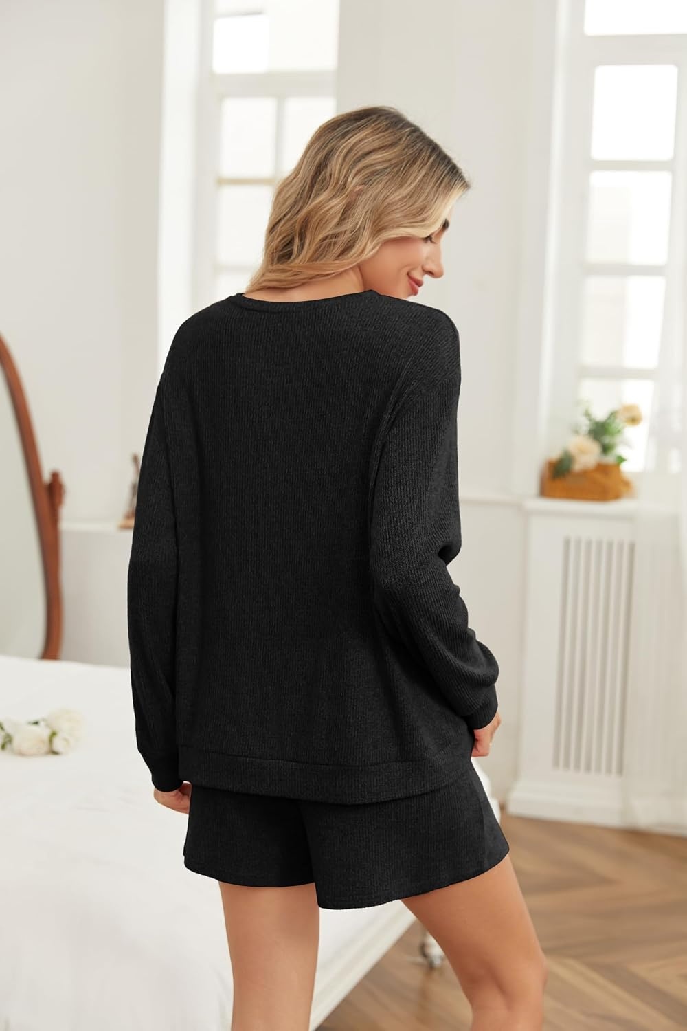image:imageEkouaer Womens Pajama Sets Long Sleeve Top amp Shorts Matching Lounge Set Fall Outfits 2026 2 Piece Loungewear Stretchy Ribbed Fuzzy Sleepwear Suitable Cozy Home Wear Travel Vacation AirportBlack Christmas