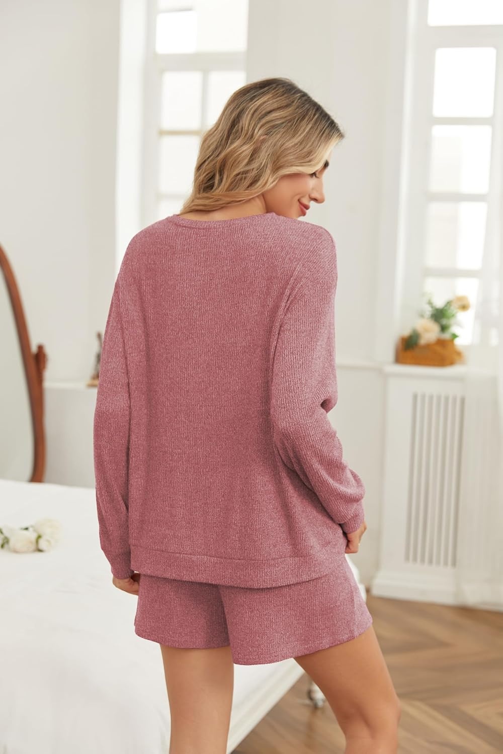 image:imageEkouaer Womens Pajama Sets Long Sleeve Top amp Shorts Matching Lounge Set Fall Outfits 2026 2 Piece Loungewear Stretchy Ribbed Fuzzy Sleepwear Suitable Cozy Home Wear Travel Vacation AirportWine Red Ny